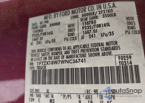 1998 Ford F-150 Lariat/Standard/Xl/Xlt z USA, uszkodzony, nr VIN 1FTZX18W7WNC36741